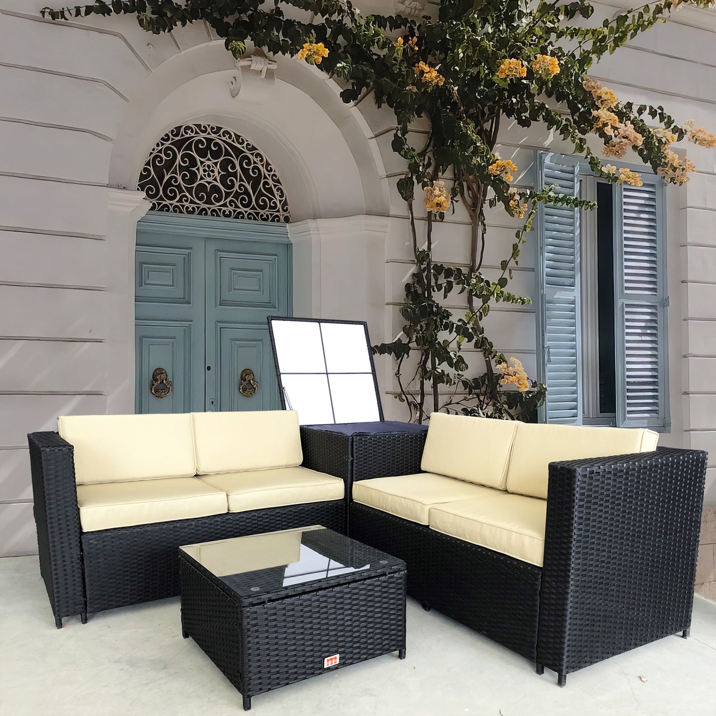 Mixed - Tone Wicker L - Shaped Outdoor Sectional Set with Glass Coffee Table – Stylish Patio Lounge Furniture