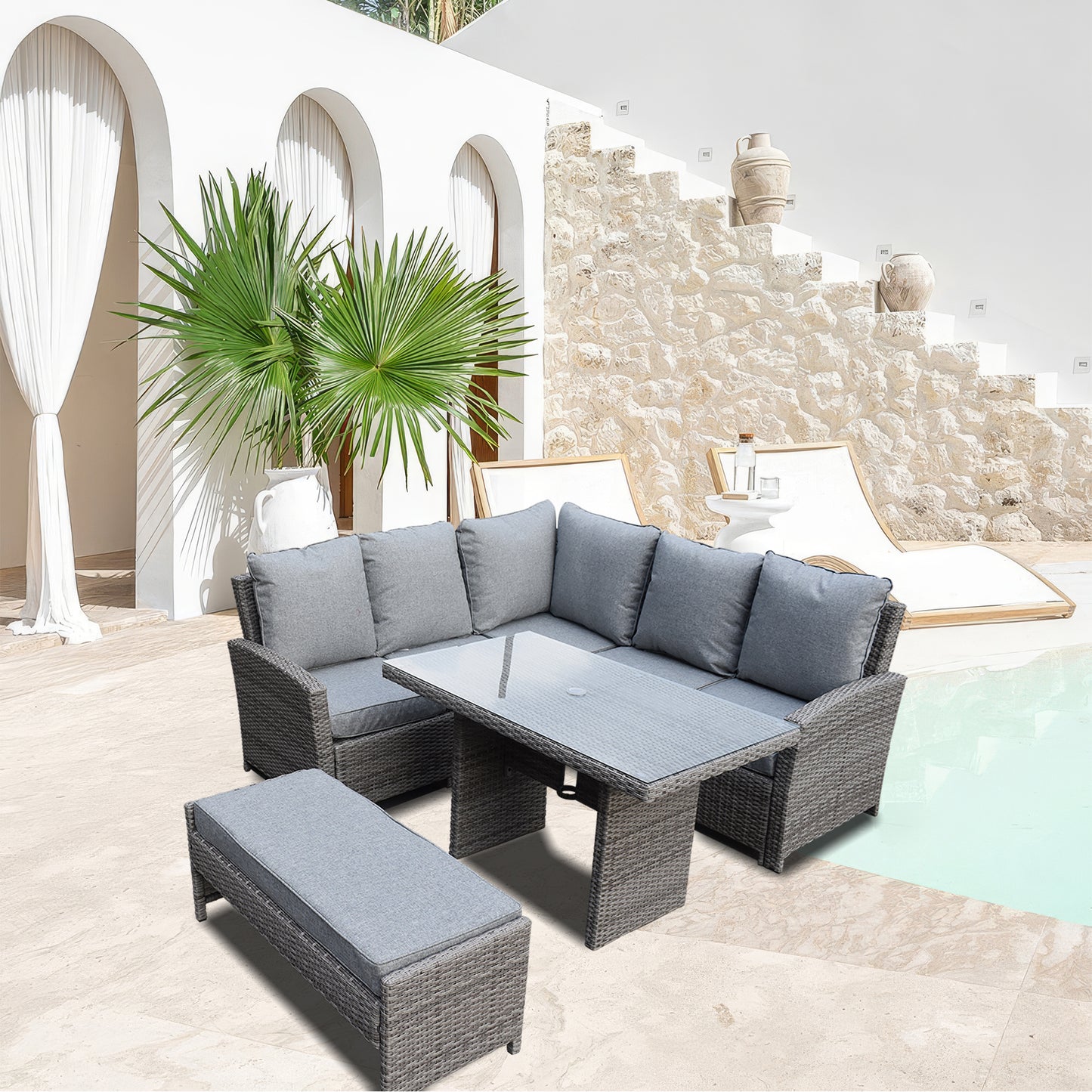 Light Grey Wicker L - Shaped Outdoor Sectional Set with Glass Dining Table & Ottoman – Stylish Patio Furniture