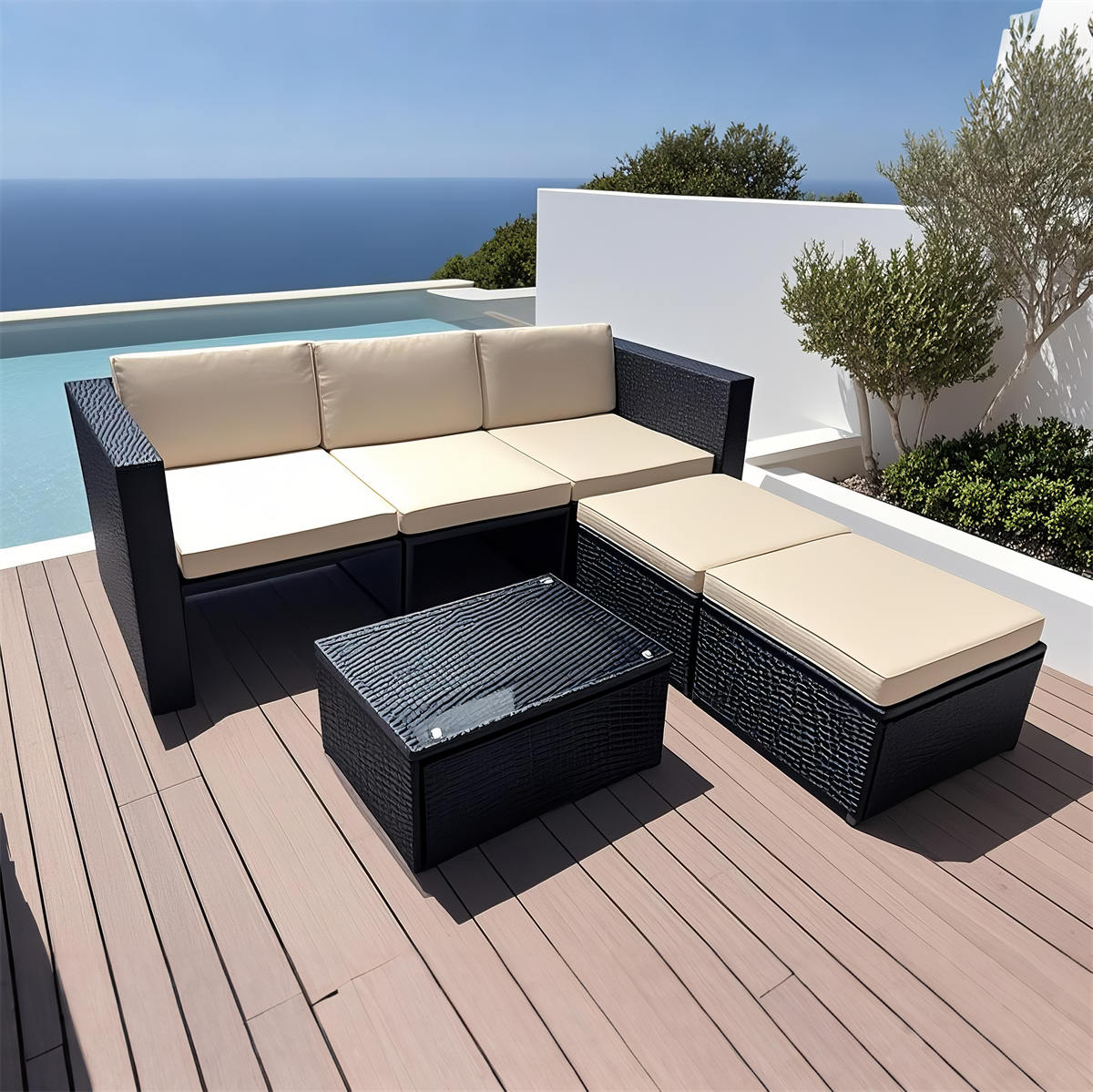 Mixed - Tone Wicker L - Shaped Outdoor Sectional Set with Ottomans & Coffee Table – Stylish Patio Lounge Furniture