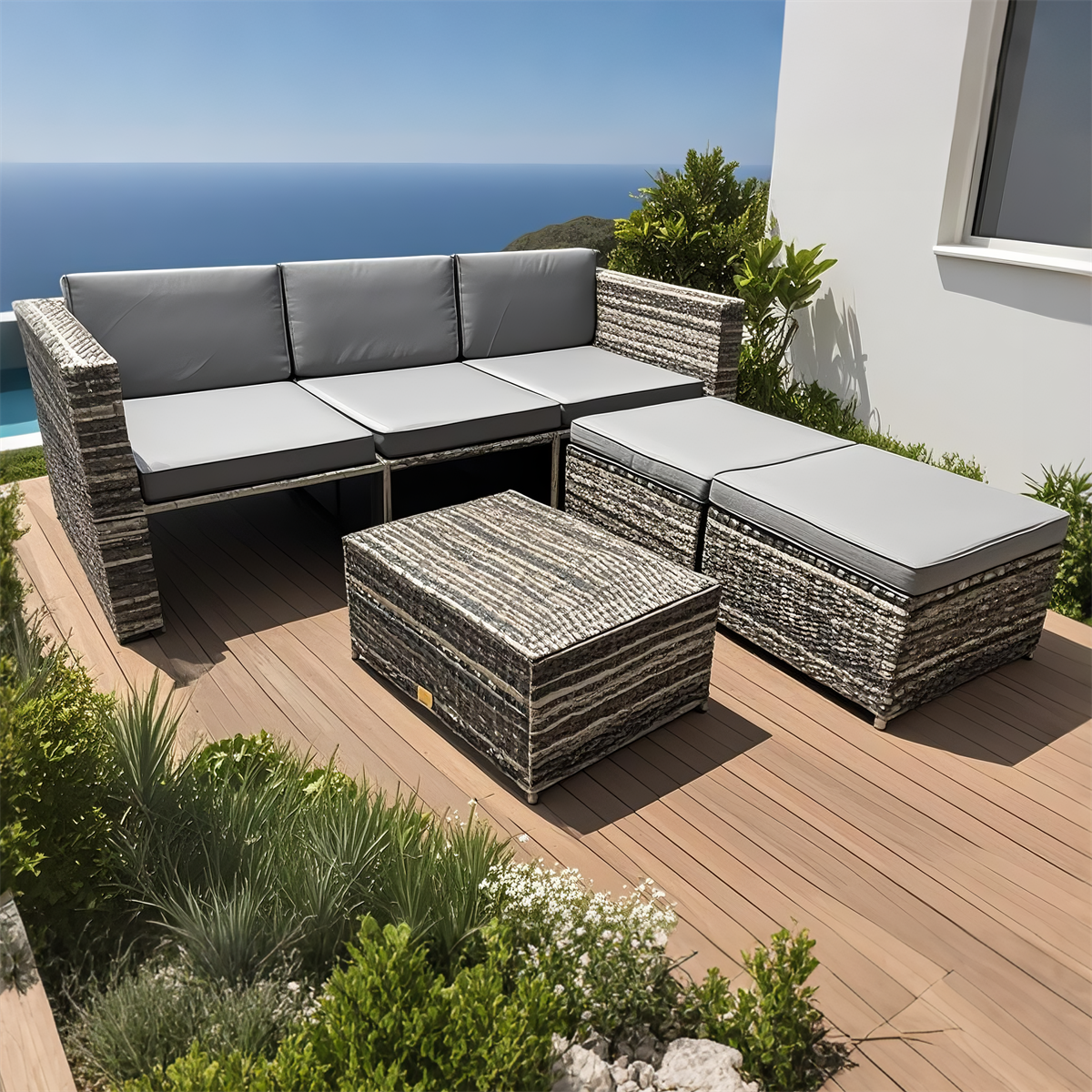 Mixed - Tone Wicker L - Shaped Outdoor Sectional Set with Ottomans & Coffee Table – Stylish Patio Lounge Furniture