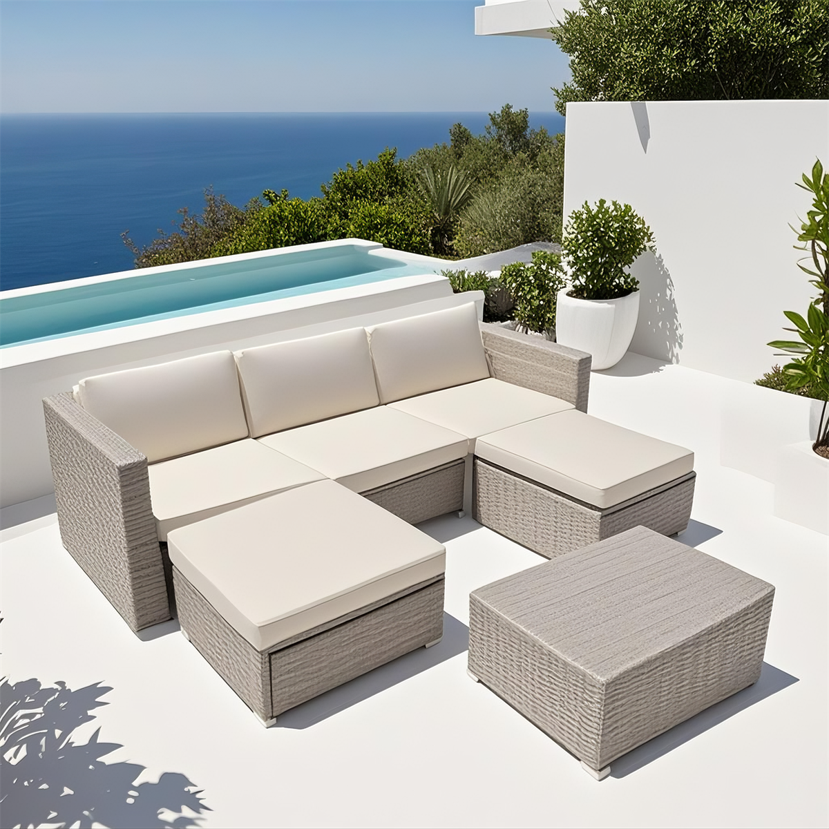 Mixed - Tone Wicker L - Shaped Outdoor Sectional Set with Ottomans & Coffee Table – Stylish Patio Lounge Furniture