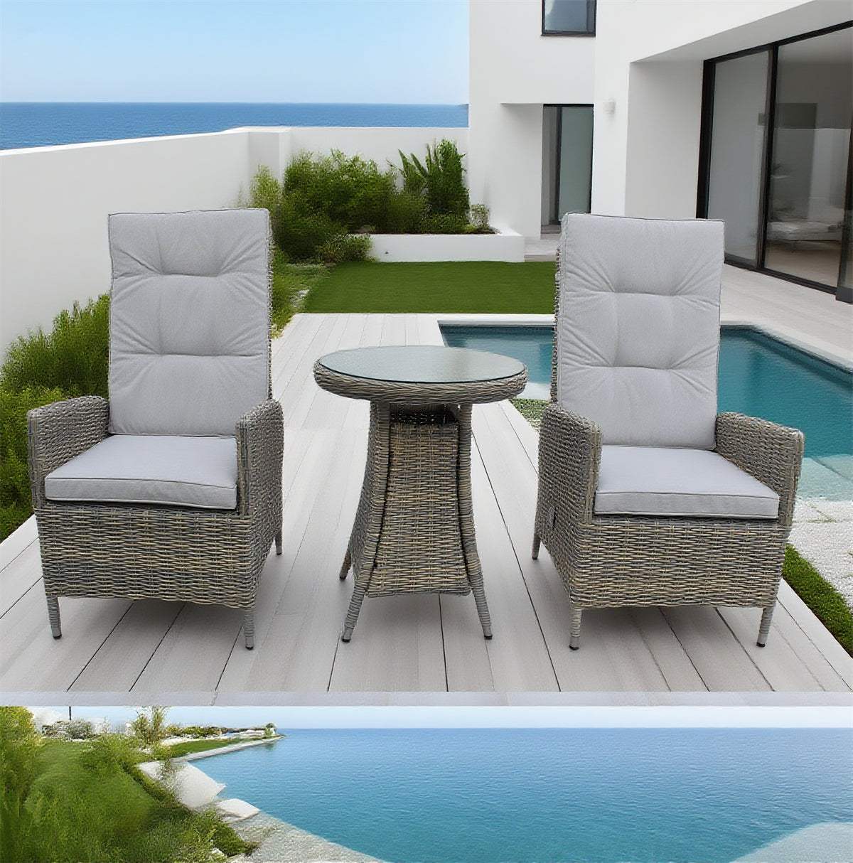 Light Grey Wicker 2 - Piece Outdoor Bistro Set with Round Glass Table – Stylish Patio Furniture