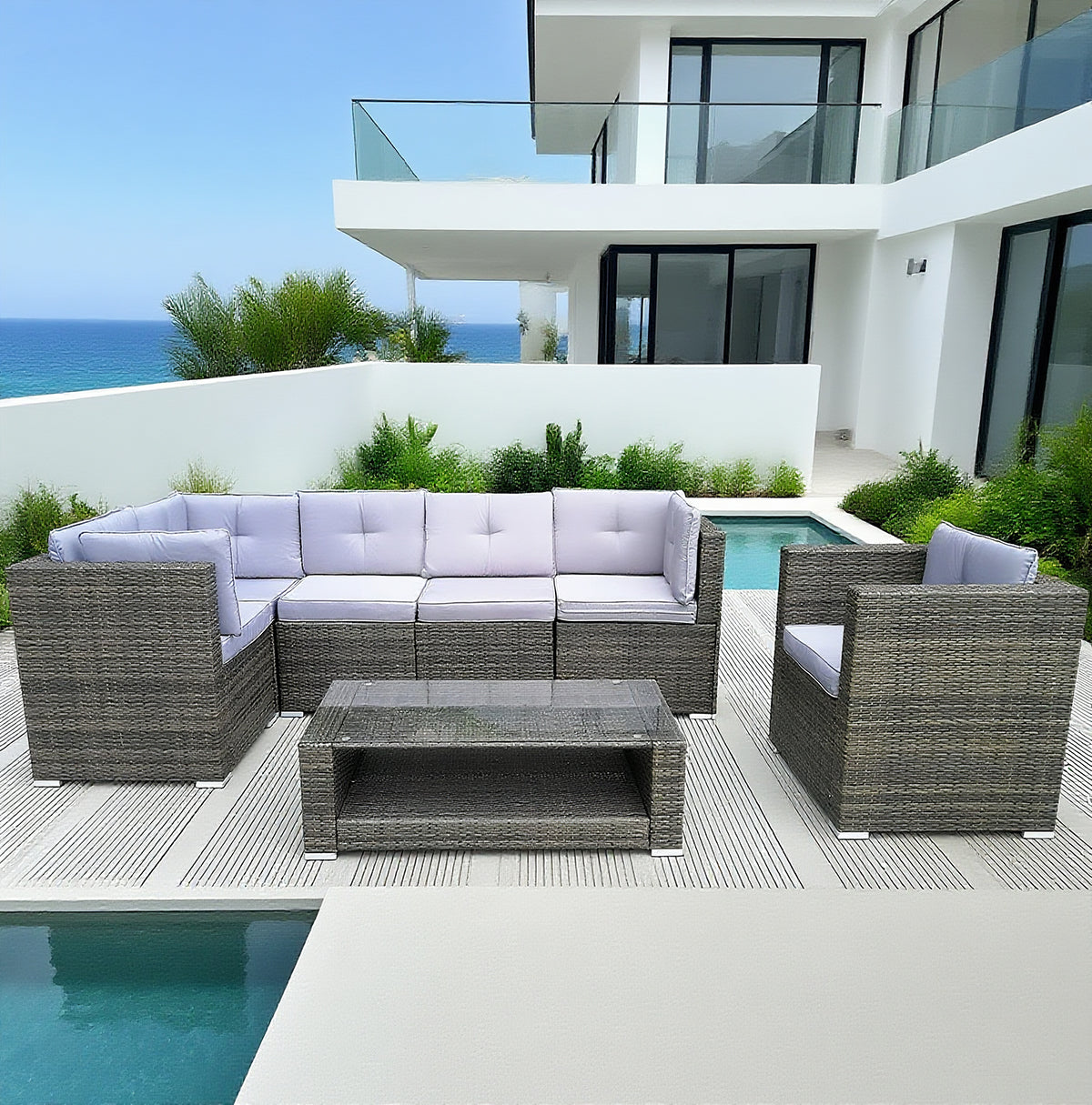 Dark Brown Wicker L - Shaped Outdoor Sectional Set with Glass Coffee Table – Stylish Patio Lounge Furniture