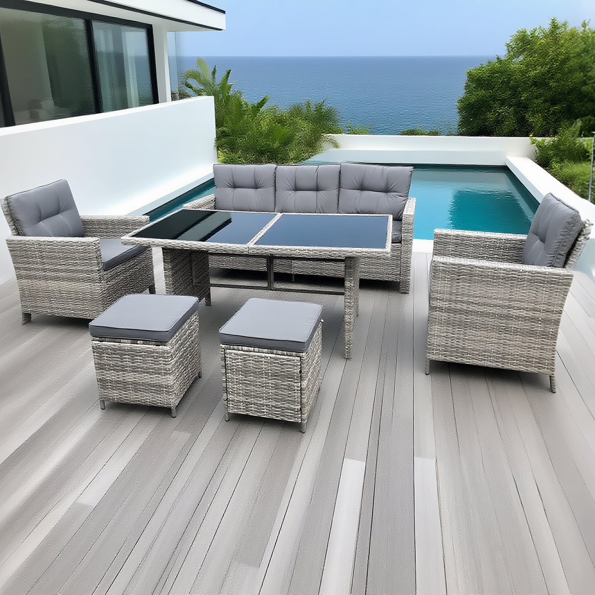 Light Grey Wicker Multifunctional Outdoor Set with Glass Dining Table & Ottomans – Stylish Patio Furniture