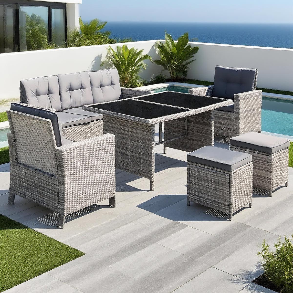 Light Grey Wicker Multifunctional Outdoor Set with Glass Dining Table & Ottomans – Stylish Patio Furniture