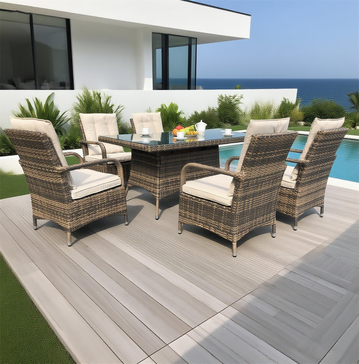 Brown Wicker 6 - Piece Outdoor Dining Set with Faux Stone Glass Table – Stylish Patio Furniture