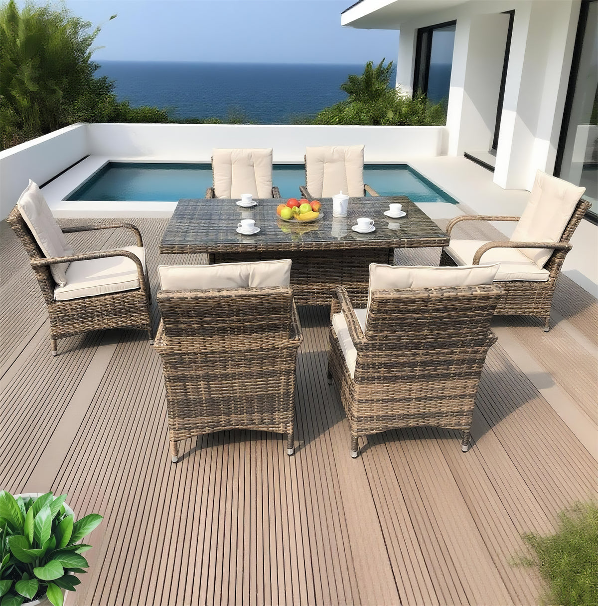 Brown Wicker 6 - Piece Outdoor Dining Set with Faux Stone Glass Table – Stylish Patio Furniture