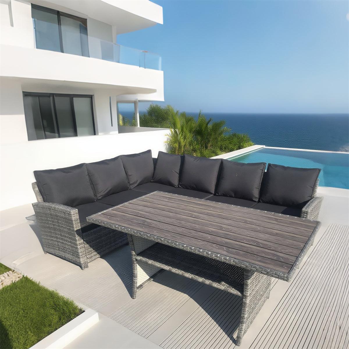 Grey Wicker L - Shaped Outdoor Sectional Set with Faux Wood Dining Table – Stylish Patio Furniture
