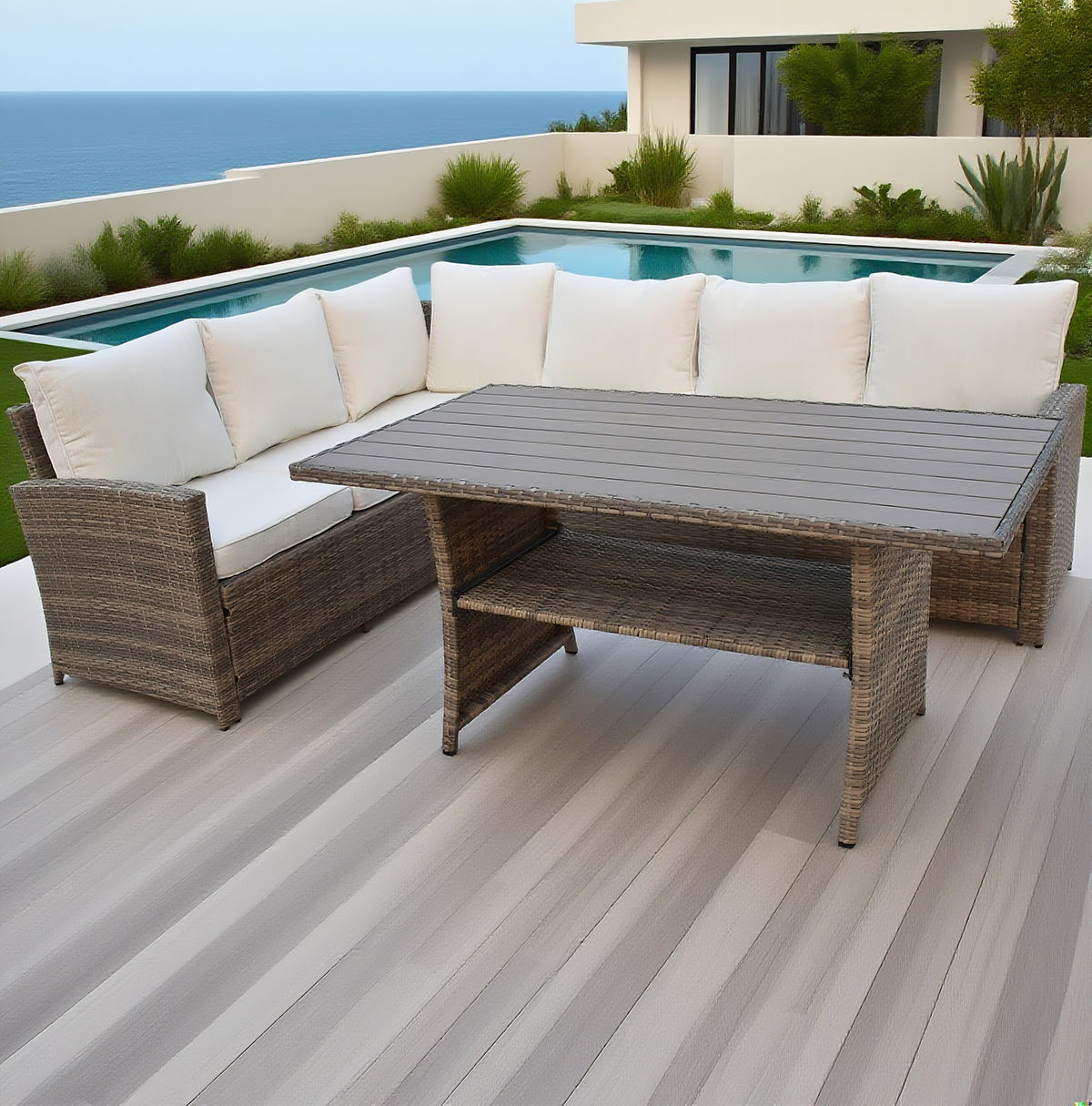 Grey Wicker L - Shaped Outdoor Sectional Set with Faux Wood Dining Table – Stylish Patio Furniture