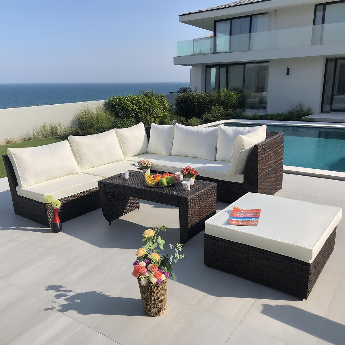 Dark Brown Wicker L - Shaped Outdoor Sectional Set with Coffee Table – Stylish Patio Furniture