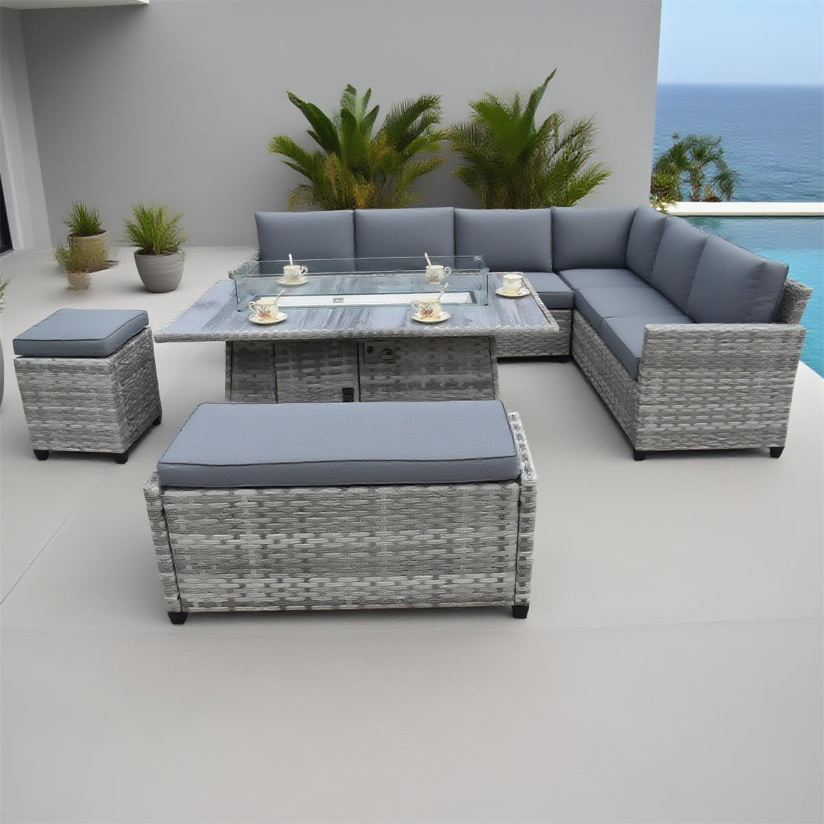 Grey Wicker L - Shaped Outdoor Sectional Set with Glass Dining Table & Ottomans – Stylish Patio Furniture