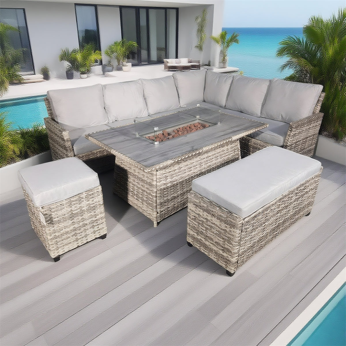 Grey Wicker L - Shaped Outdoor Sectional Set with Glass Dining Table & Ottomans – Stylish Patio Furniture
