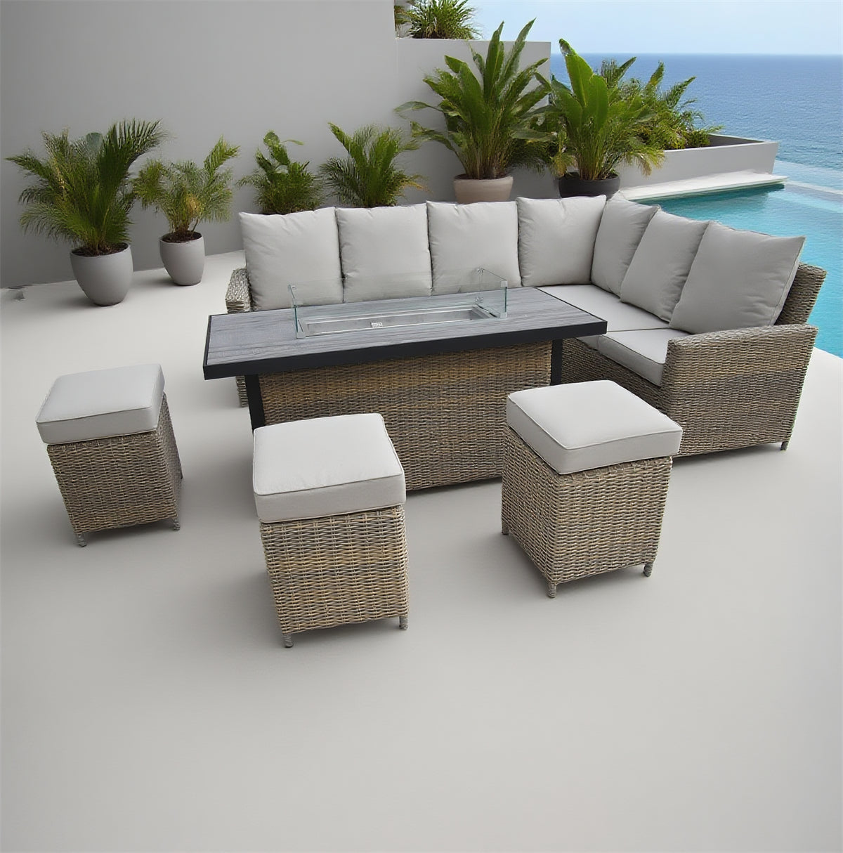 Grey Wicker L - Shaped Outdoor Sectional Set with Propane Fire Pit Table & Ottomans – Stylish Patio Furniture