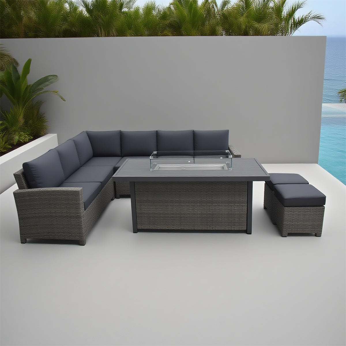 Grey Wicker L - Shaped Outdoor Sectional Set with Propane Fire Pit Table & Ottomans – Stylish Patio Furniture