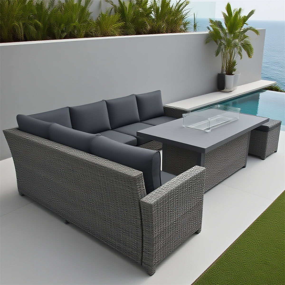 Grey Wicker L - Shaped Outdoor Sectional Set with Propane Fire Pit Table & Ottomans – Stylish Patio Furniture