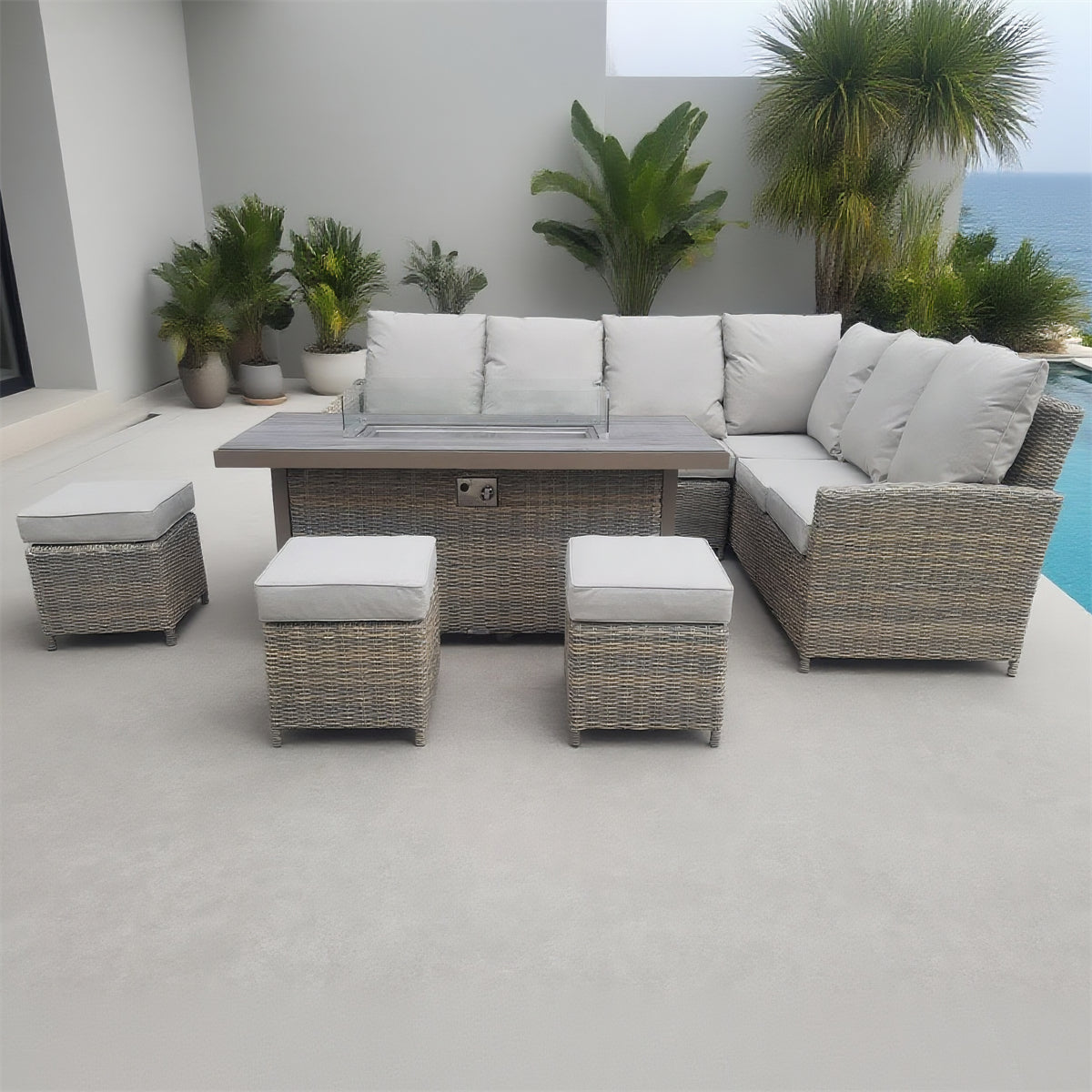 Grey Wicker L - Shaped Outdoor Sectional Set with Propane Fire Pit Table & Ottomans – Stylish Patio Furniture