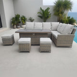 SFTZ2546 Grey Wicker L - Shaped Outdoor Sectional Set with Propane Fire Pit Table & Ottomans – Stylish Patio Furniture