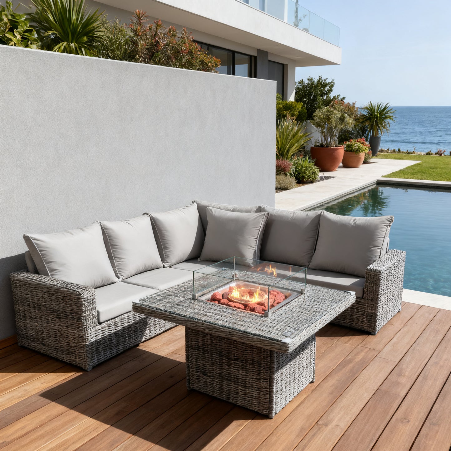 Grey Wicker L - Shaped Outdoor Sectional Set with Propane Fire Pit Table & Ottomans – Stylish Patio Furniture