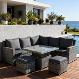 SFTZ2553 Brown Wicker L - Shaped Outdoor Sectional Set with Glass Dining Table & Ottomans – Stylish Patio Furniture