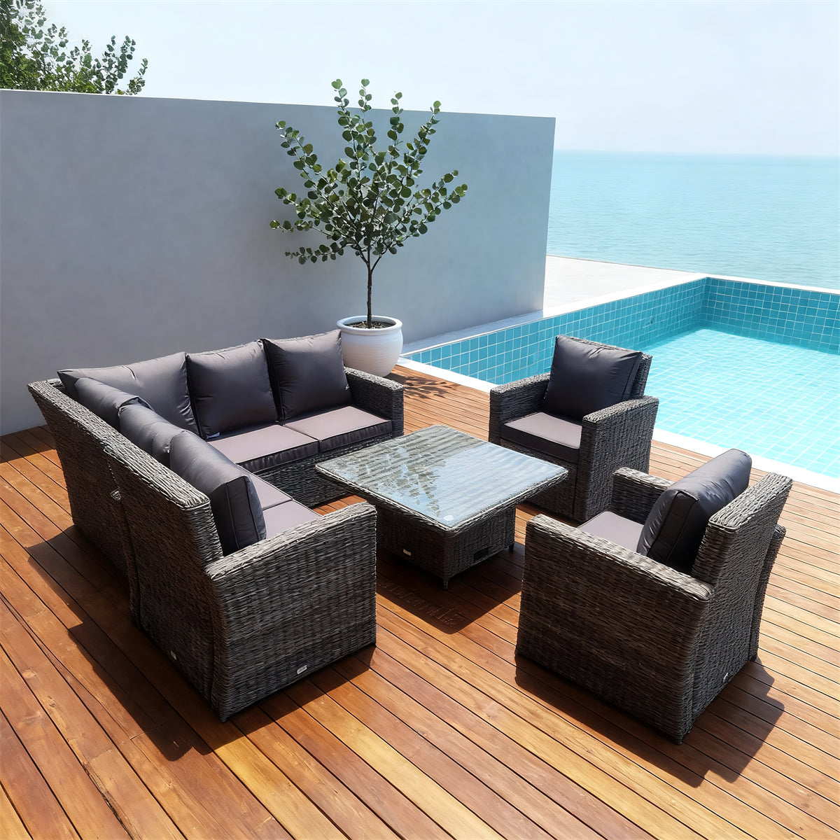 Grey Wicker Outdoor Lounge Set with Glass Coffee Table – Stylish Patio Furniture