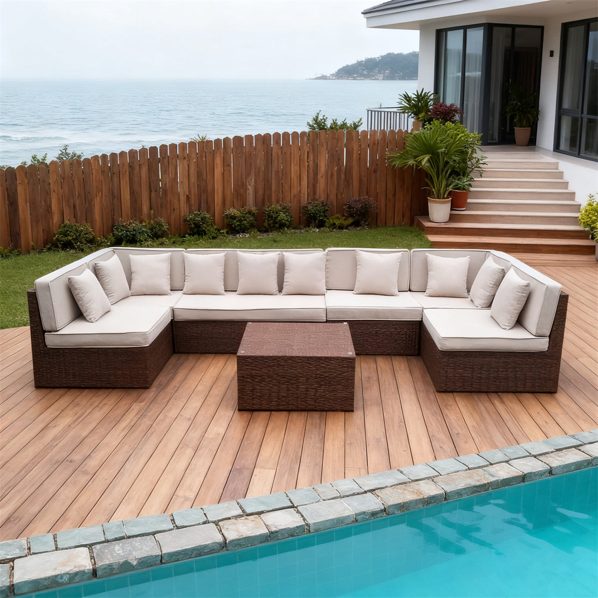 Dark Brown Wicker L - Shaped Outdoor Sectional Set with Beige Cushions & Wicker Coffee Table – Stylish Patio Furniture