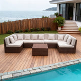 SFTZ256904 Dark Brown Wicker L - Shaped Outdoor Sectional Set with Beige Cushions & Wicker Coffee Table – Stylish Patio Furniture