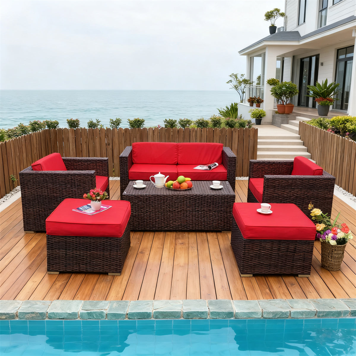Dark Brown Wicker Outdoor Lounge Set with Red & Brown Cushions, Wicker Coffee Table & Ottomans – Stylish Patio Furniture