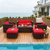 SFTZ256905 Dark Brown Wicker Outdoor Lounge Set with Red & Brown Cushions, Wicker Coffee Table & Ottomans – Stylish Patio Furniture