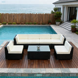 SFTZ256908 Black Wicker Outdoor Lounge Set with White & Black Cushions & Glass Coffee Table – Stylish Patio Furniture