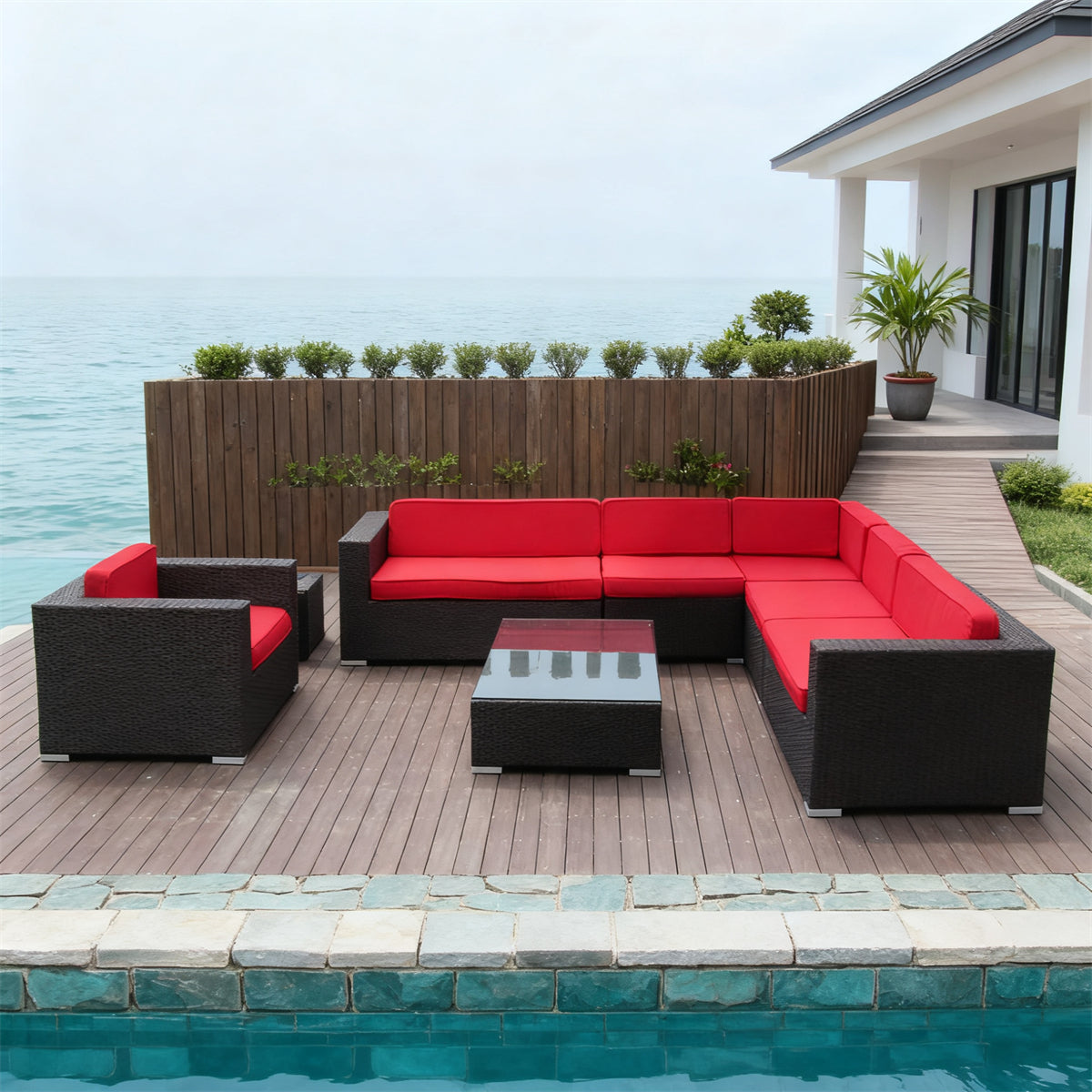 Dark Brown Wicker L - Shaped Outdoor Sectional Set with Red & Brown Cushions & Glass Coffee Table – Stylish Patio Furniture