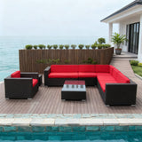 SFTZ256909 Dark Brown Wicker L - Shaped Outdoor Sectional Set with Red & Brown Cushions & Glass Coffee Table – Stylish Patio Furniture
