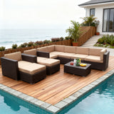 SFTZ256910 Dark Brown Wicker L - Shaped Outdoor Sectional Set with Colorful Pillows, Beige Cushions & Wicker Coffee Table – Stylish Patio Furniture