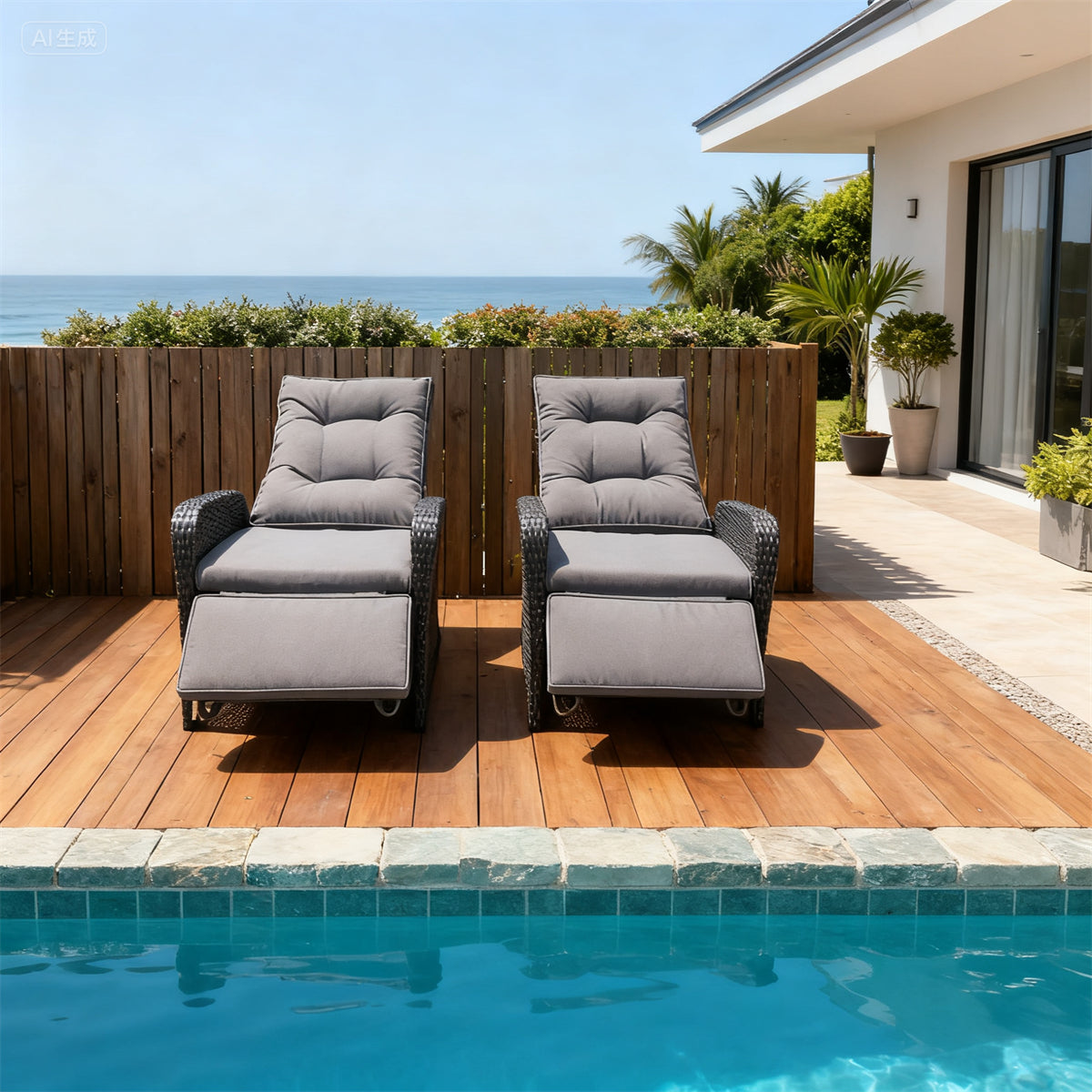 Black Wicker Outdoor Recliner Set with Dark Grey Cushions & Adjustable Footrests – Stylish Patio Furniture
