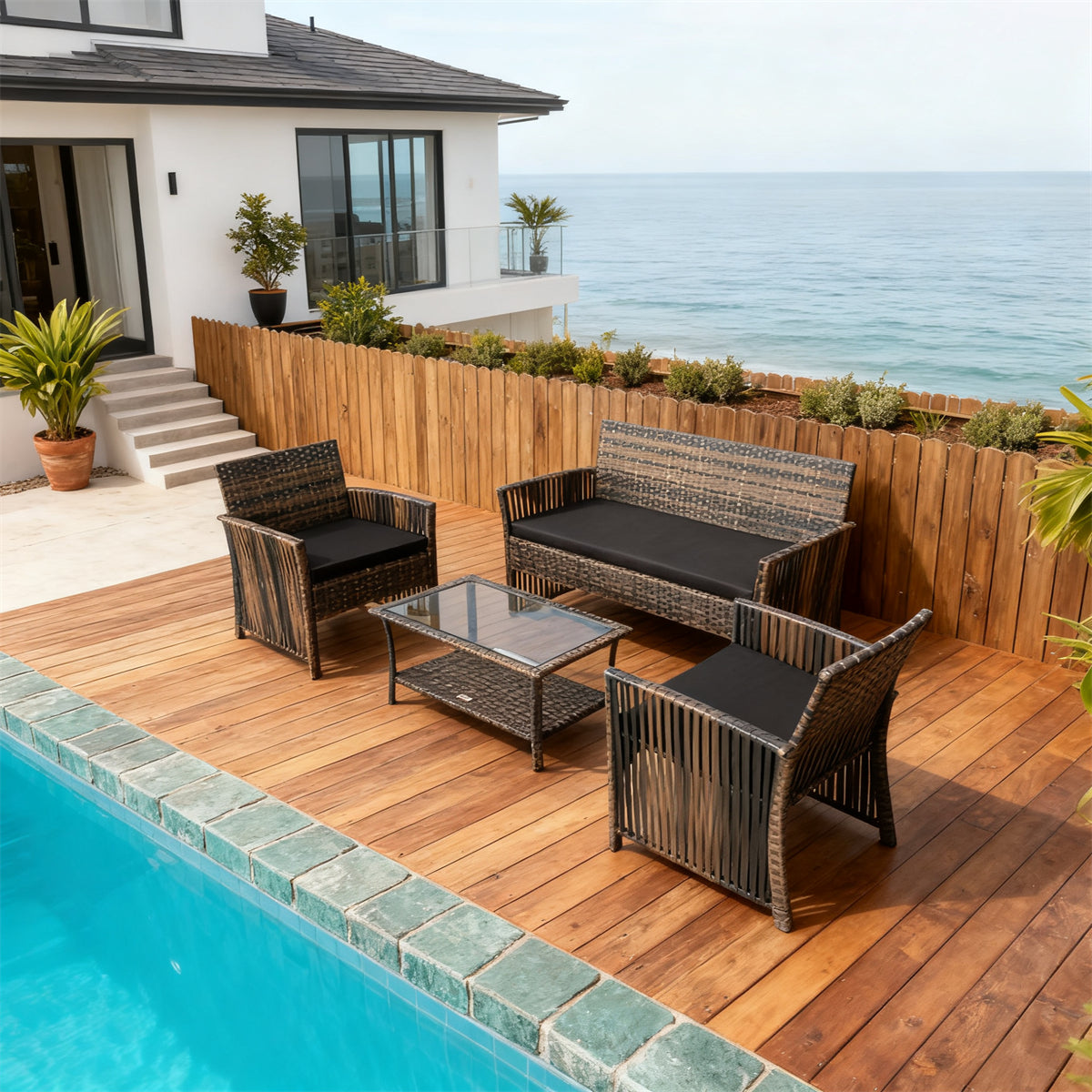 Mixed Brown Wicker Outdoor Lounge Set with Glass Coffee Table – Stylish Patio Furniture