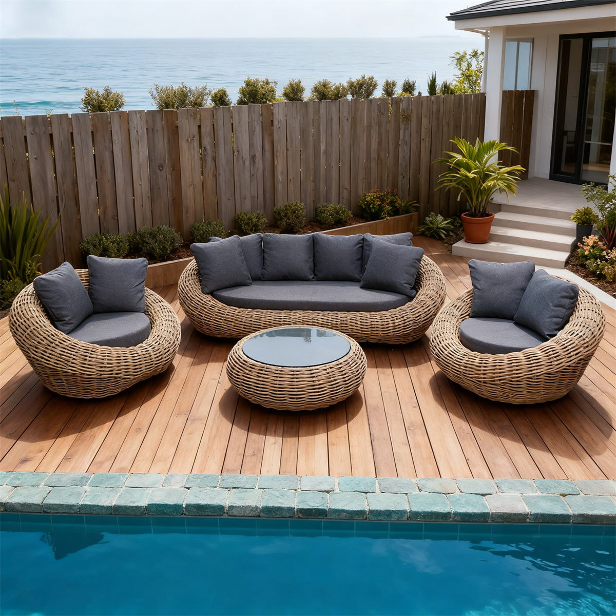 Natural Rattan Spherical Outdoor Lounge Set with Dark Grey Cushions & Round Glass Coffee Table – Stylish Patio Furniture