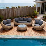 SFTZ257402 Natural Rattan Spherical Outdoor Lounge Set with Dark Grey Cushions & Round Glass Coffee Table – Stylish Patio Furniture