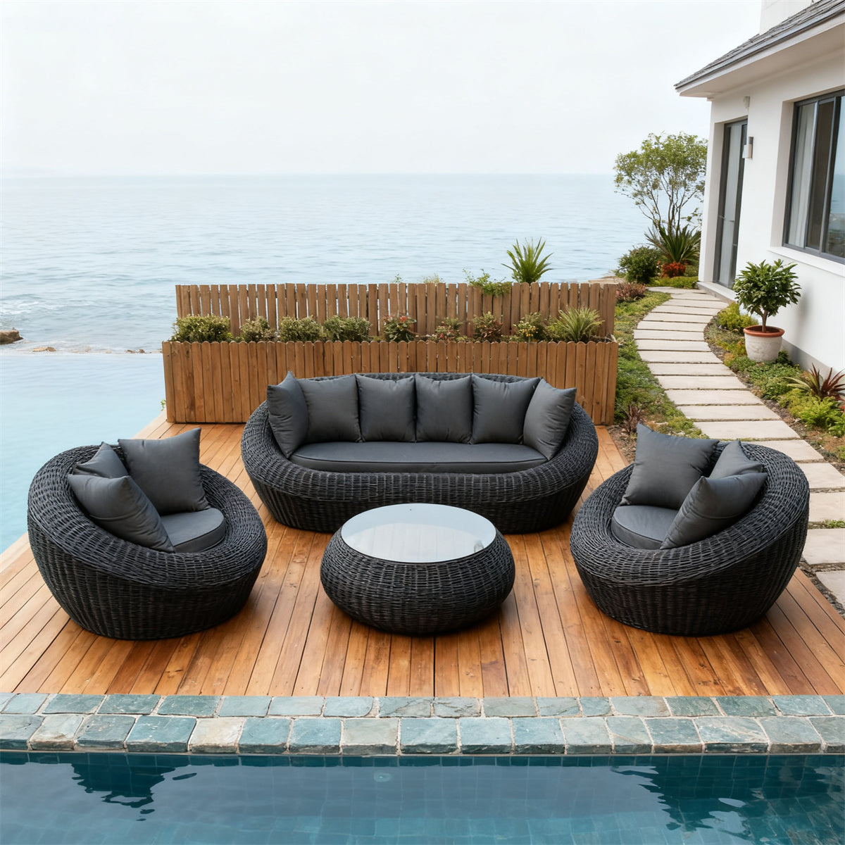 Dark Grey Wicker Spherical Outdoor Lounge Set with Dark Grey Cushions & Round Glass Coffee Table – Stylish Patio Furniture