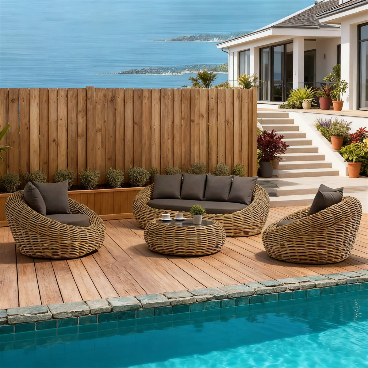Natural Rattan Spherical Outdoor Lounge Set with Dark Grey Cushions & Rattan Round Coffee Table – Stylish Patio Furniture