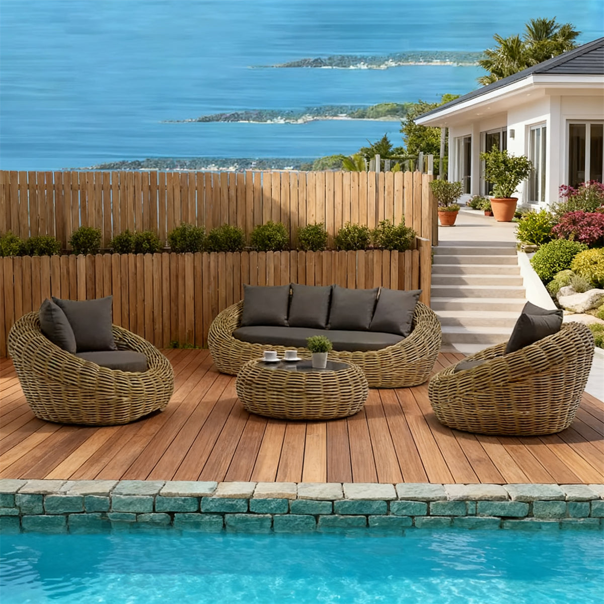 Natural Rattan Spherical Outdoor Lounge Set with Dark Grey Cushions & Rattan Round Coffee Table – Stylish Patio Furniture