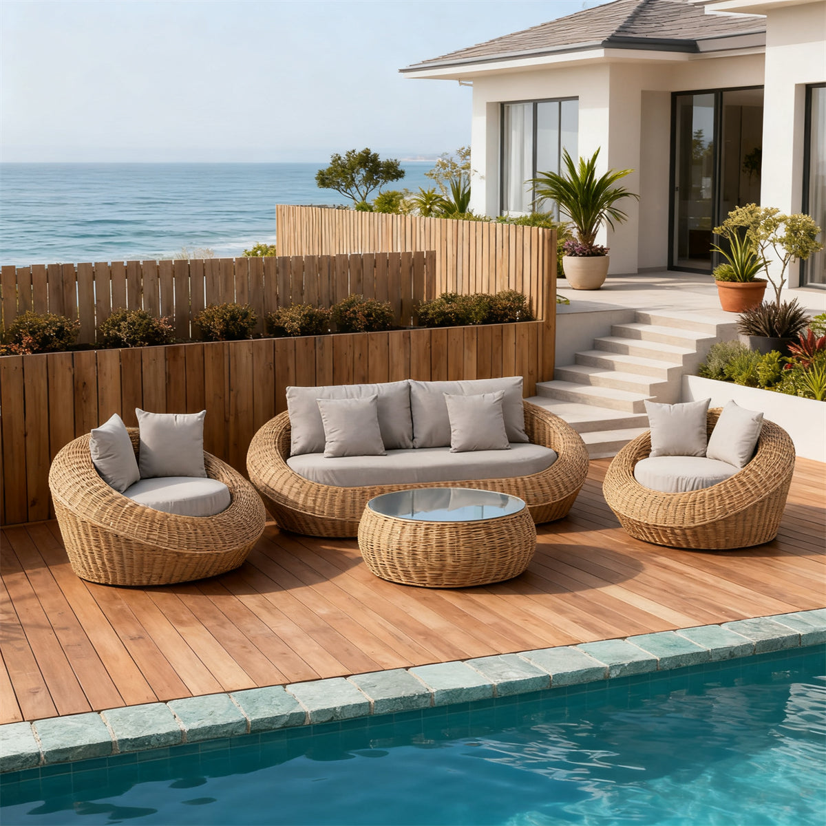 Natural Rattan Spherical Outdoor Lounge Set with Light Grey Cushions & Round Glass Coffee Table – Stylish Patio Furniture