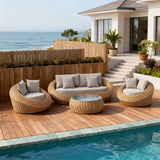 SFTZ257405 Natural Rattan Spherical Outdoor Lounge Set with Light Grey Cushions & Round Glass Coffee Table – Stylish Patio Furniture