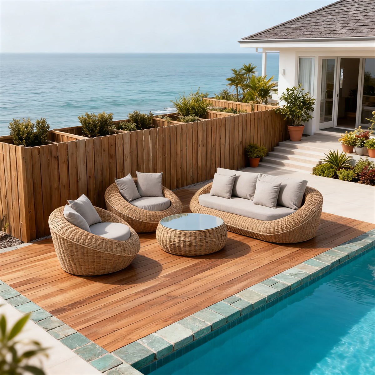 Natural Rattan Spherical Outdoor Lounge Set with Light Grey Cushions & Round Glass Coffee Table – Stylish Patio Furniture