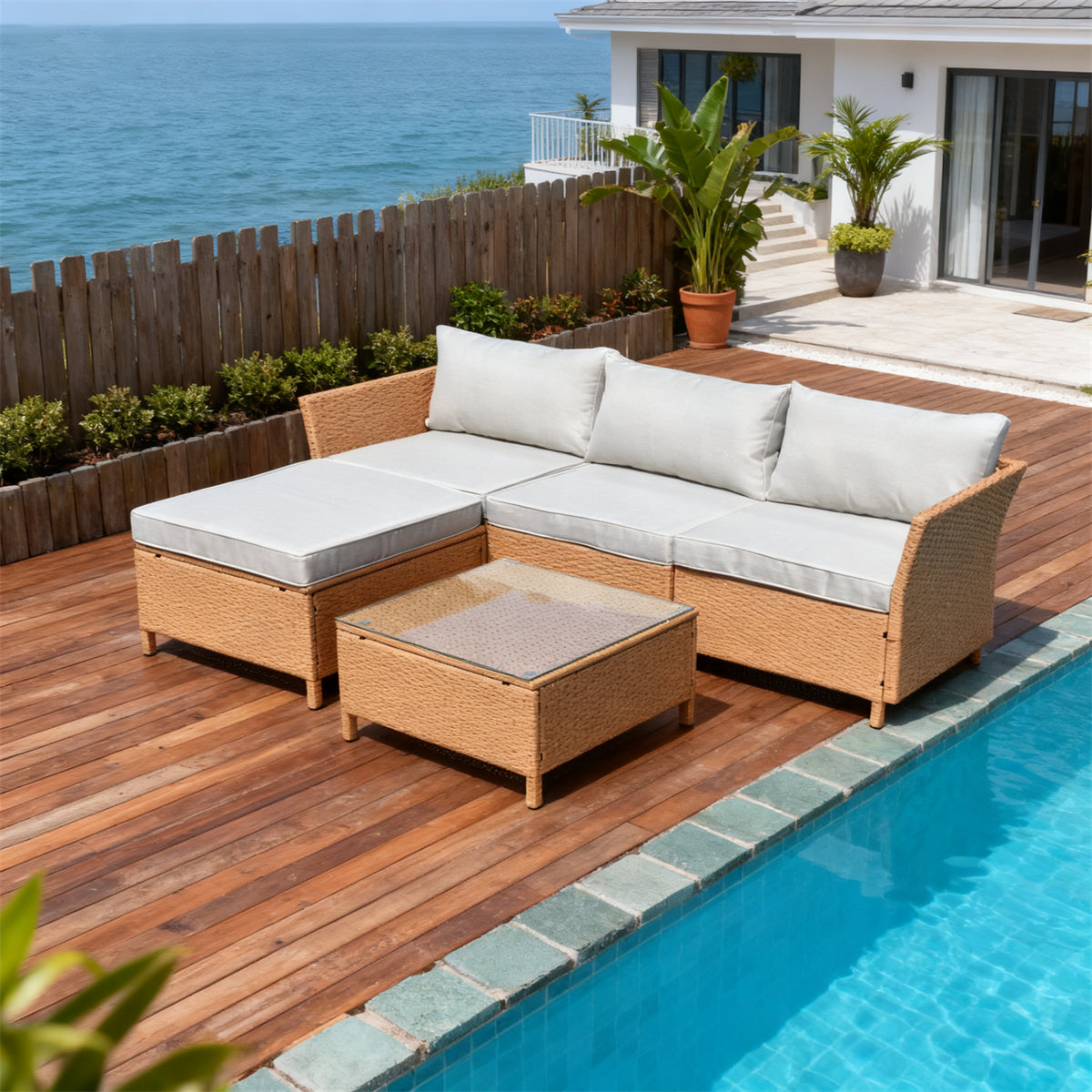 Light Brown Wicker Outdoor Sectional Set with Light Grey Cushions, Glass Coffee Table & Ottoman – Stylish Patio Furniture