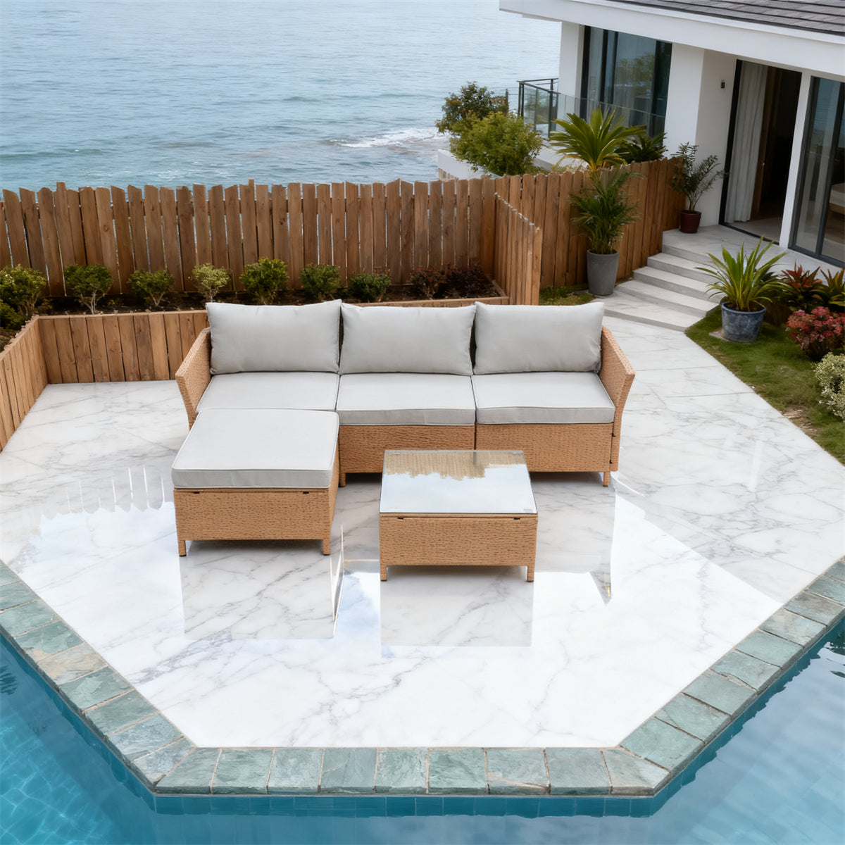 Light Brown Wicker Outdoor Sectional Set with Light Grey Cushions, Glass Coffee Table & Ottoman – Stylish Patio Furniture