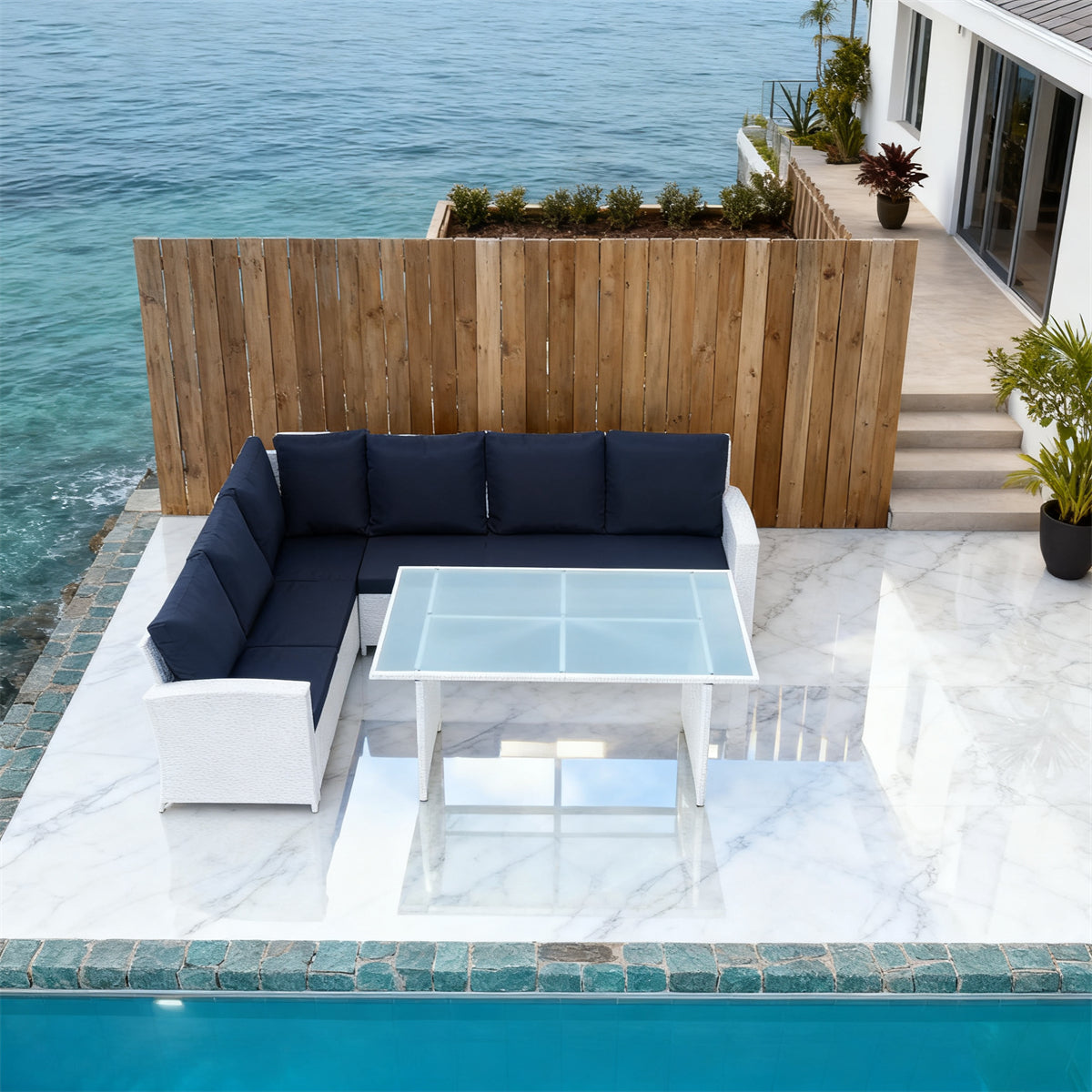 White Wicker L - Shaped Outdoor Sectional Set with Black Grey Cushions & Glass Coffee Table – Stylish Patio Furniture
