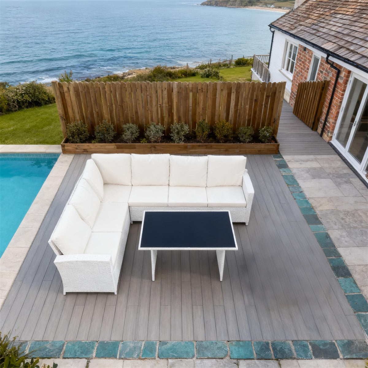 White Wicker L - Shaped Outdoor Sectional Set with White Cushions & Black Glass Dining Table – Stylish Patio Furniture