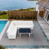 SFTZ257704 White Wicker L - Shaped Outdoor Sectional Set with White Cushions & Black Glass Dining Table – Stylish Patio Furniture