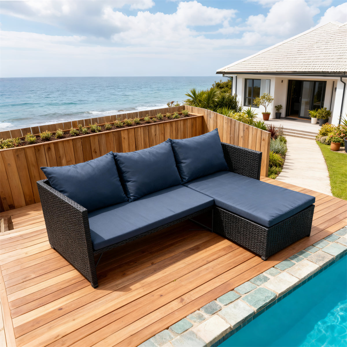Dark Grey Wicker L - Shaped Outdoor Sectional Set with Navy Blue Cushions – Stylish Patio Furniture