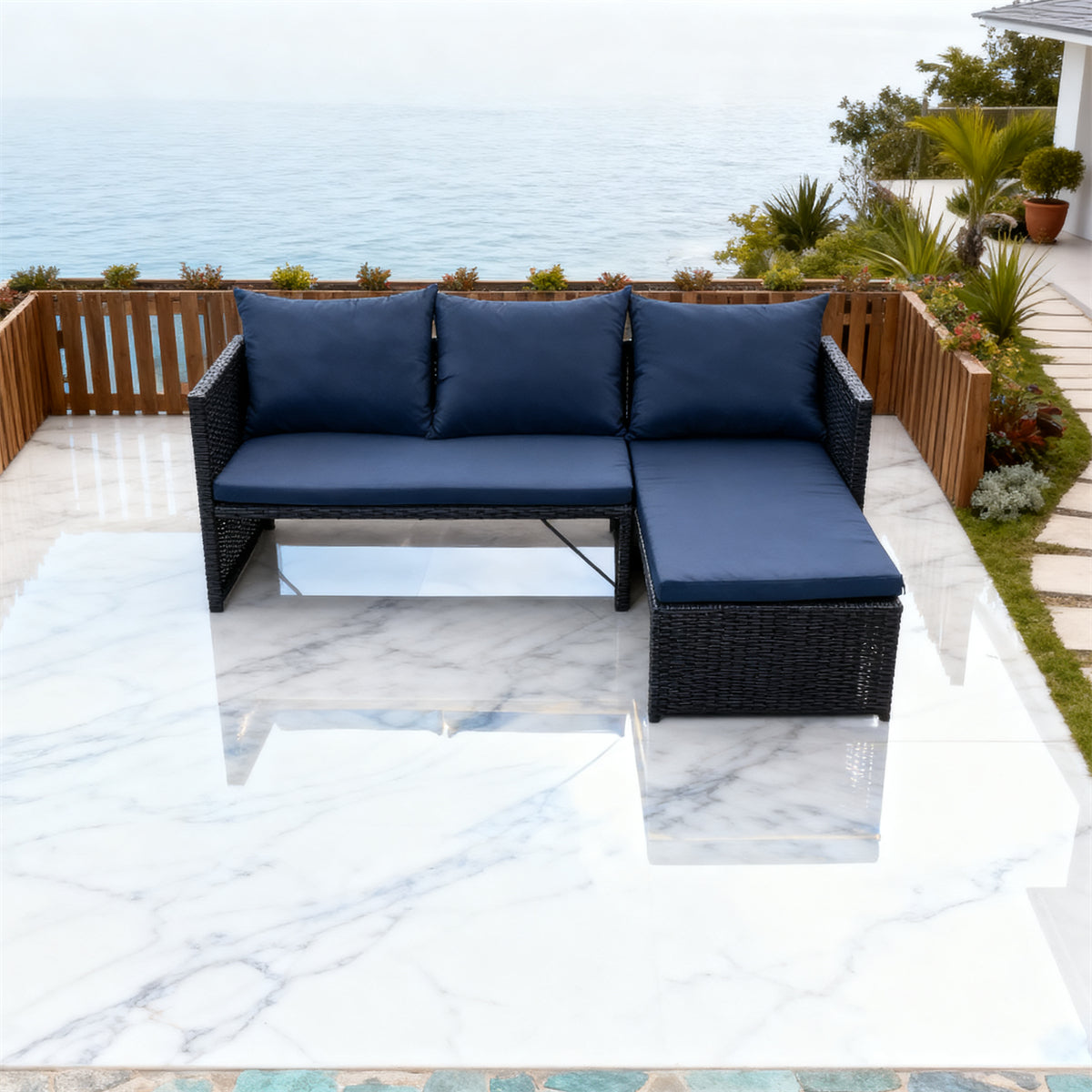 Dark Grey Wicker L - Shaped Outdoor Sectional Set with Navy Blue Cushions – Stylish Patio Furniture