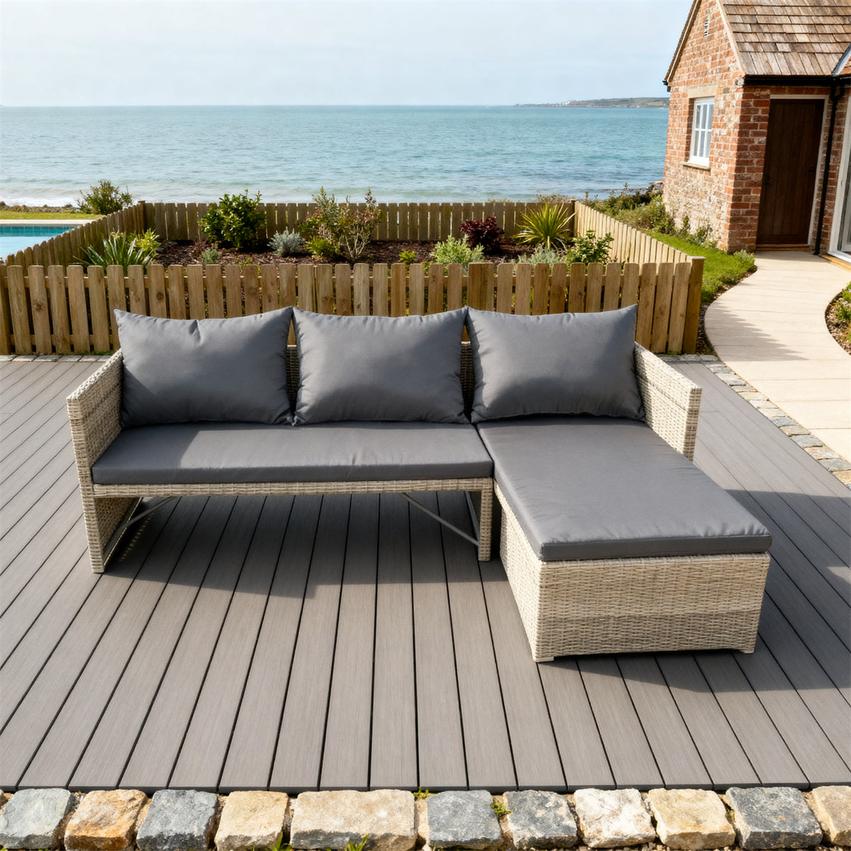 Natural Rattan L - Shaped Outdoor Sectional Set with Dark Grey Cushions – Stylish Patio Furniture